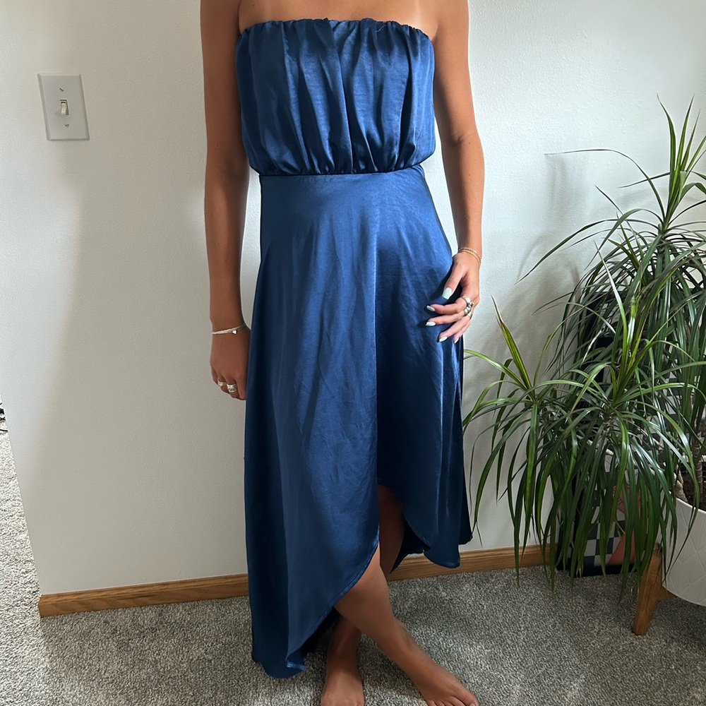 Club L London Blue Asymmetrical Ruched Strapless Dress
